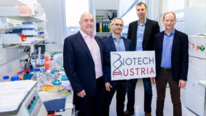 Peter Llewellyn-Davies (CEO APEIRON Biologics AG), Georg Casari (CEO HAPLOGEN GmbH), Reinhard Kandera (CFO HOOKIPA Pharma Inc.) und Alexander Seitz (CEO und Gründer Lexogen GmbH). © Biotech Austria/Martin Steiger