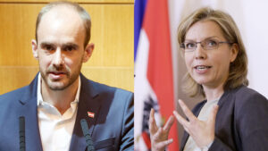 Staatssekretär Florian Tursky (ÖVP) und Klimaschutzministerin Leonore Gewessler (Grüne). © Parlamentsdirektion/Thomas Topf & BKA/Andy Wenzel