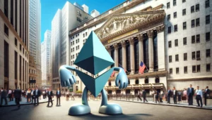 Ethereum-Maskottchen an der Wall Street. © Dall-E / Trending Topics