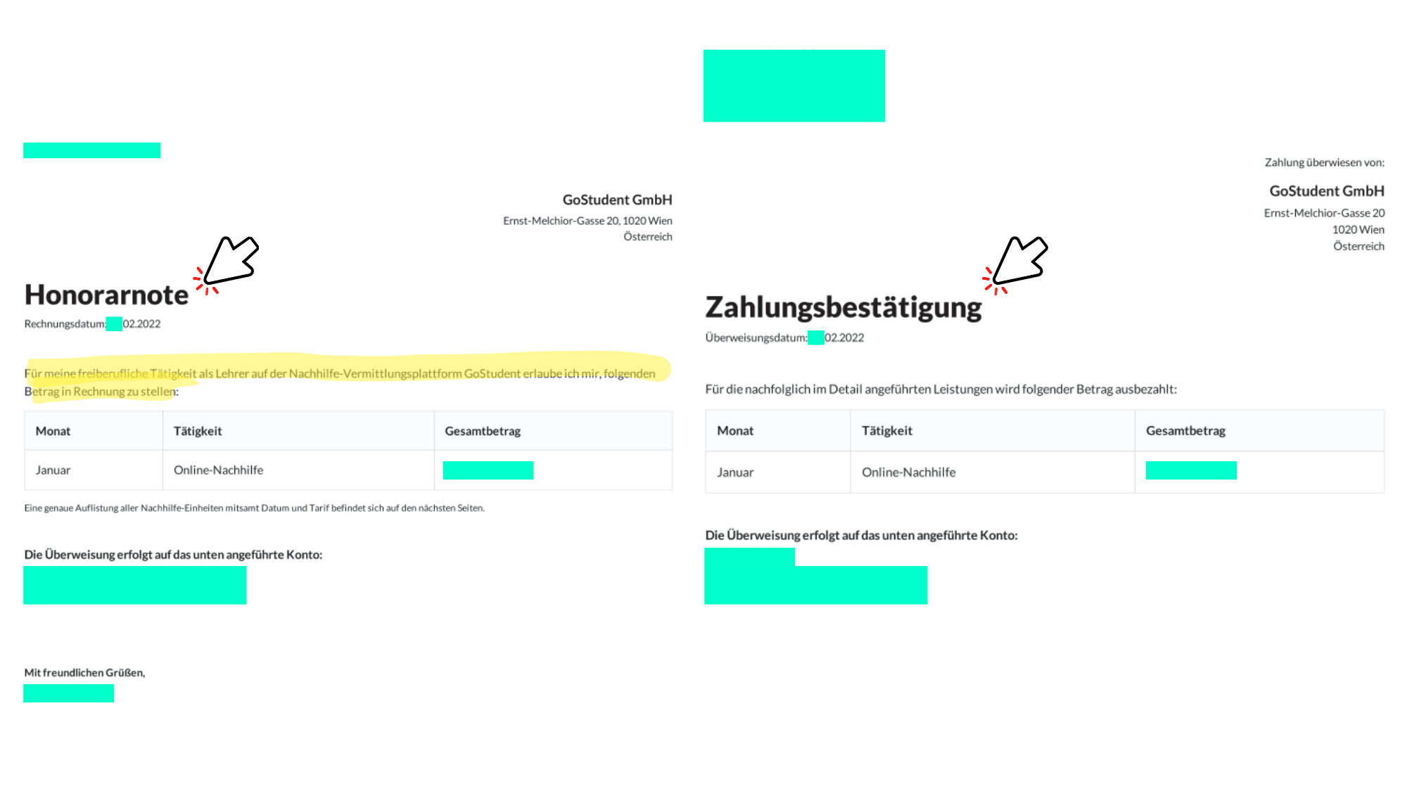 Originally, the GoStudent system automatically issued "fee notes" in the name of the tutors. From January 2022, these were retroactively converted into "payment confirmations" - but bear the same date. The sentence about "freelance work" disappeared. There was no mention of taxes here. © Trending Topics