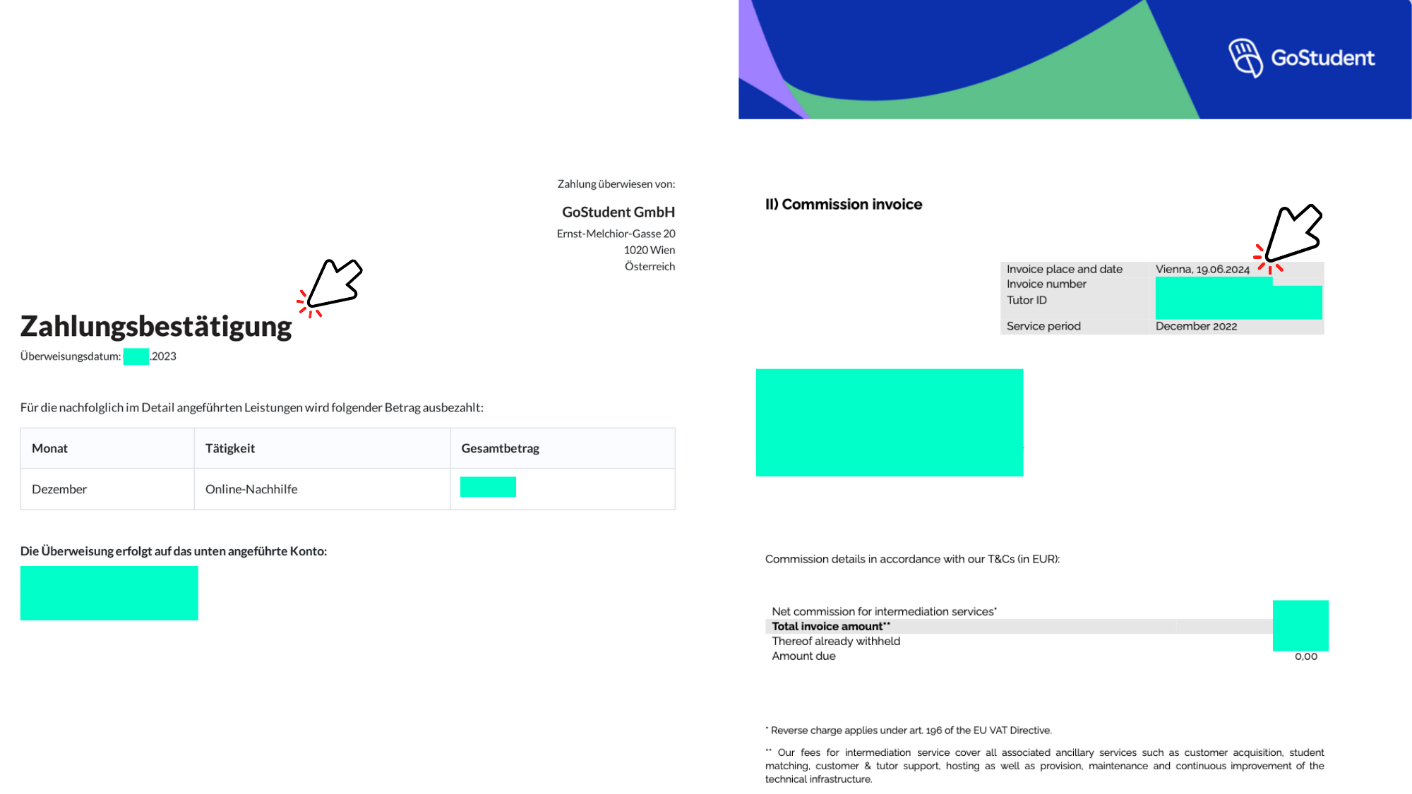 On the left: The successor to the fee note, the payment confirmation. It was issued to tutors until mid-2023 and then replaced by the "colorful" invoice. Colorful invoices are sometimes issued retroactively up to 1.5 years later, see the date on the invoice on the right. © Trending Topics