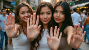 Prompt: 2filmic photo of a group of three women on a street downtown, they are holding their hands up the camera". © Black Forest Labs