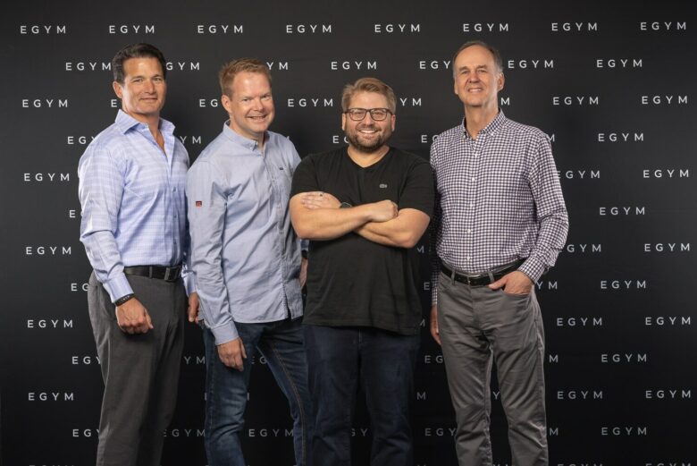 Marc Magliacano, Managing Partner L Catterton, Patrick Meininger, CFO EGYM, Philipp Roesch-Schlanderer, CEO EGYM und Paul Madera, Co-Founder und Partner Meritech. © EGYM GmbH