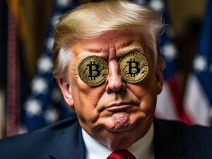 Donald Trump mit Bitcoin auf den Augen. © Grok / Trending Topics