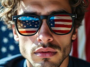 US-Flagge spiegelt sich in Gründer-Brille. © Grok / Trending Topics