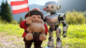 Österreich-Zwerg neben Baby-Roboter. © Grok / Trending Topics