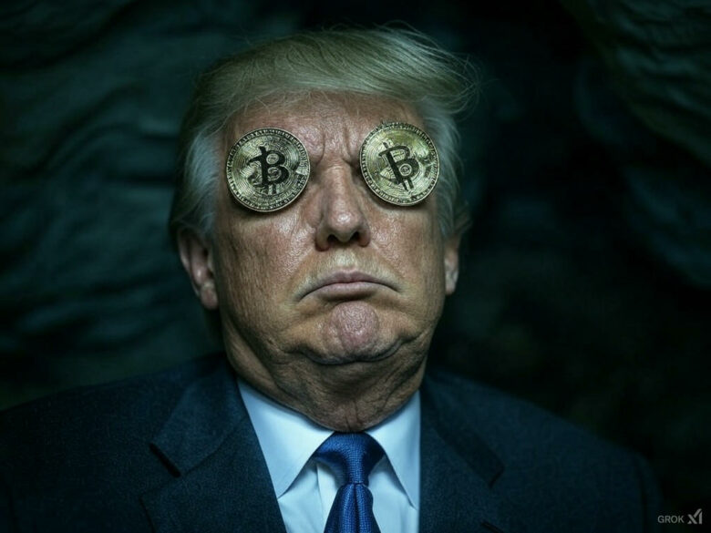 Trump mit Bitcoin auf den Augen. © Trending Topics via Grok