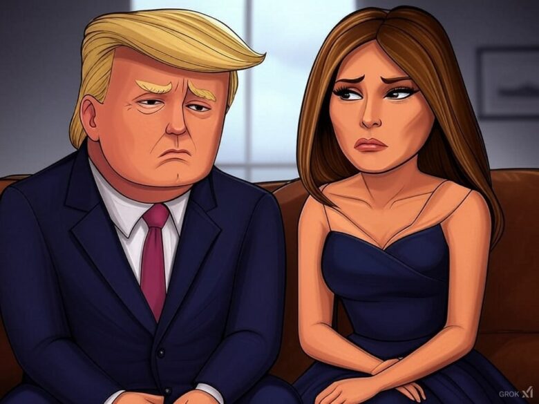 Donald und Melania Trump als trauriges Cartoon. © Grok / Trending Topics